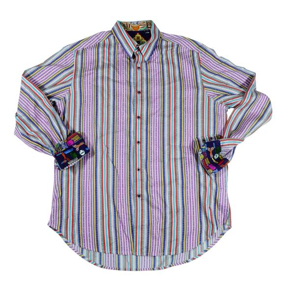 Robert Graham Multicolor Striped Embroidered Button Up Shirt Flip Cuff Mens L - Picture 3 of 8